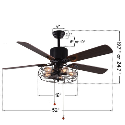 CurveCurio Farmhouse Industrial 5-Light Black Cage Ceiling Fan with Light, Remote Control and Pull Chain 42-48-52 inches