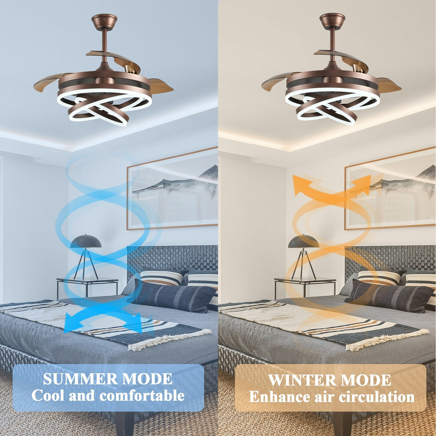 Cusp Barn 42 Retractable Ceiling Fan with Lights and Remote DIY Shape Fandelier Modern Silent DC Motor LED Ceiling Light
