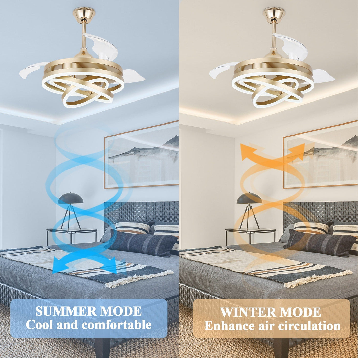 Cusp Barn 42 Retractable Ceiling Fan with Lights and Remote DIY Shape Fandelier Modern Silent DC Motor LED Ceiling Light