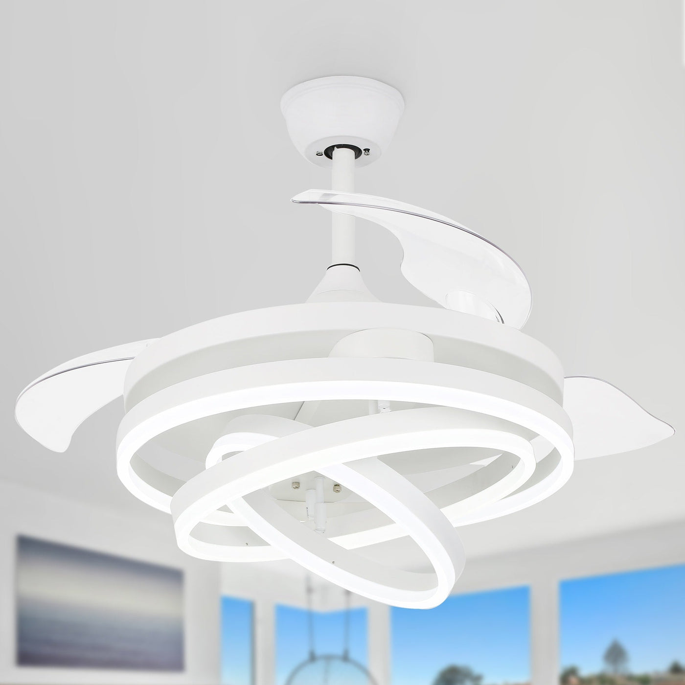 Cusp Barn 42 Retractable Ceiling Fan with Lights and Remote DIY Shape Fandelier Modern Silent DC Motor LED Ceiling Light