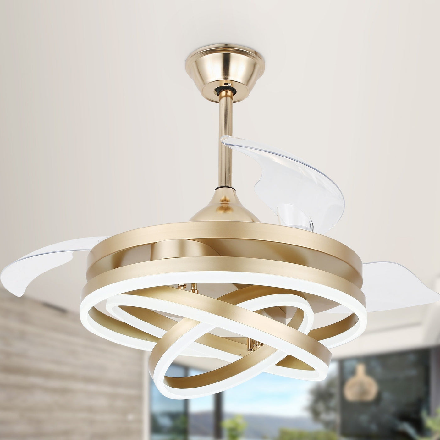 Cusp Barn 42 Retractable Ceiling Fan with Lights and Remote DIY Shape Fandelier Modern Silent DC Motor LED Ceiling Light
