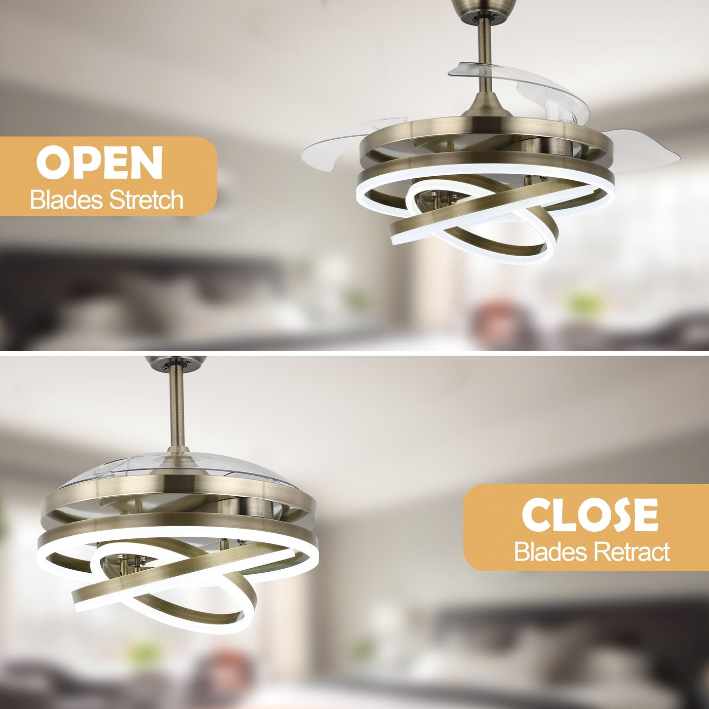 Cusp Barn 42 Retractable Ceiling Fan with Lights and Remote DIY Shape Fandelier Modern Silent DC Motor LED Ceiling Light