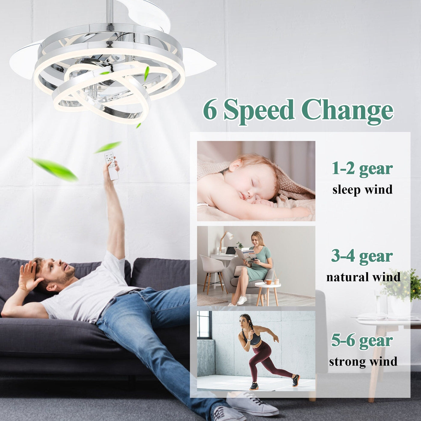 Cusp Barn 42 Retractable Ceiling Fan with Lights and Remote DIY Shape Fandelier Modern Silent DC Motor LED Ceiling Light