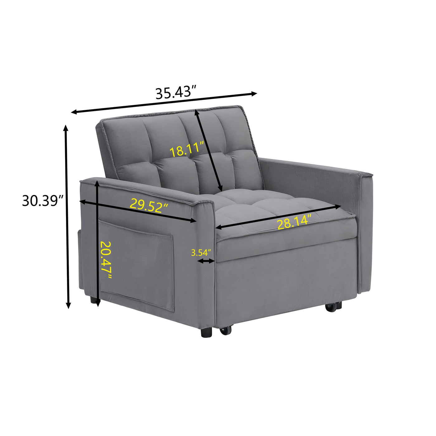Dark Grey Modern 70.86 3 in 1 Single Convertible Sofa Bed with Adjustable Back and Moving Wheel for Living Room