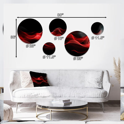 Designart Red Black Contemplative Abstraction IX Modern Waves Metal Round Wall Art Set Of 5