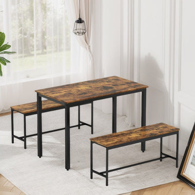 Dining Table Set, Wood Bar Table Set, Kitchen Table w/2 Benches - 3-Piece