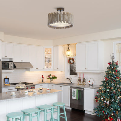 Distressed White 3-Light Wood Drum Semi-Flush Mount Ceiling Light