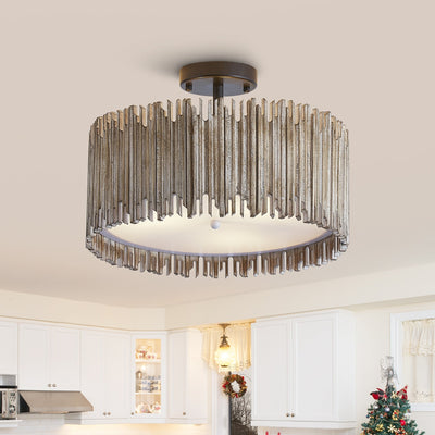 Distressed White 3-Light Wood Drum Semi-Flush Mount Ceiling Light