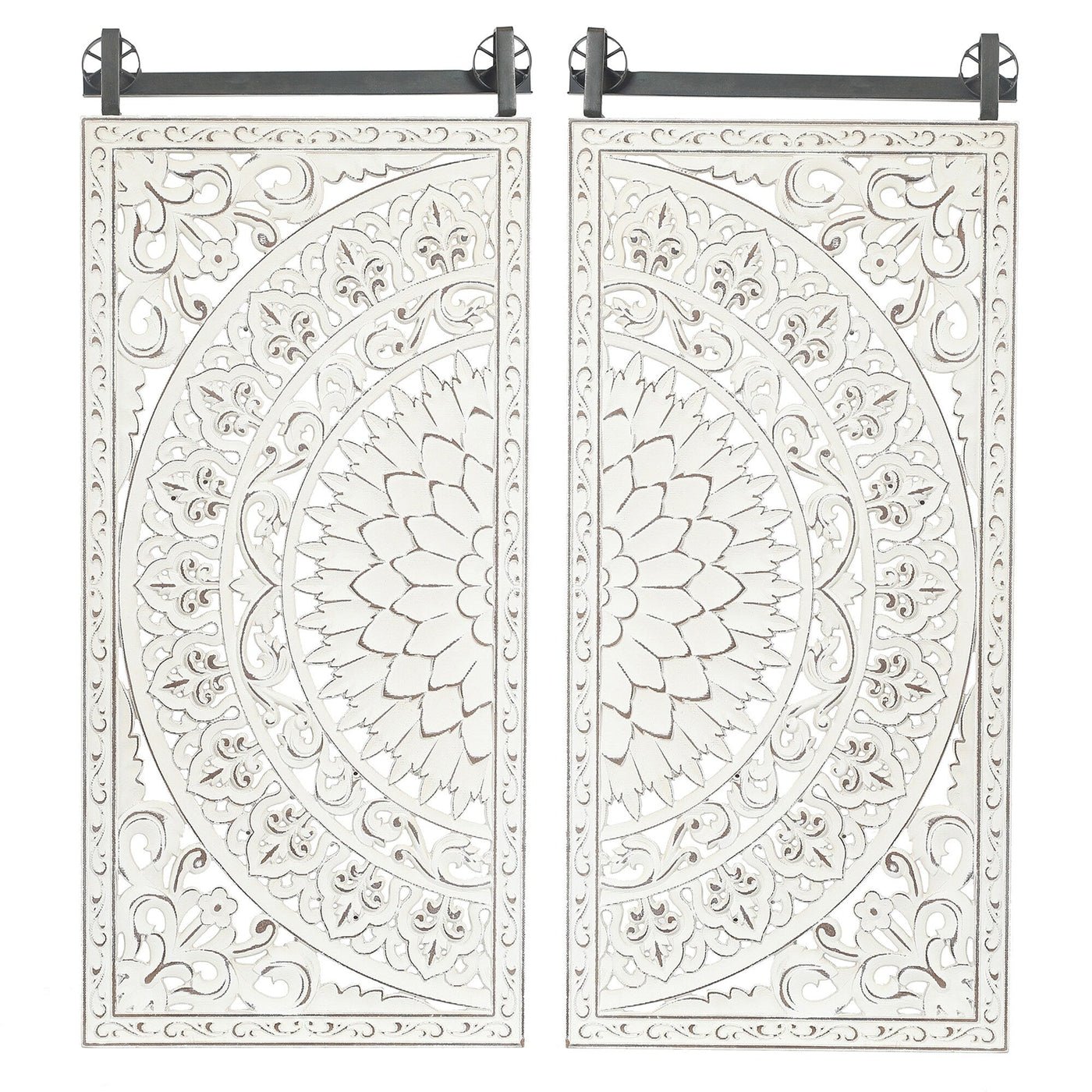 Distressed Ivory White Wood Flower Wall Art with Black Accents (Set of 2)