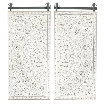 Distressed Ivory White Wood Flower Wall Art with Black Accents (Set of 2)