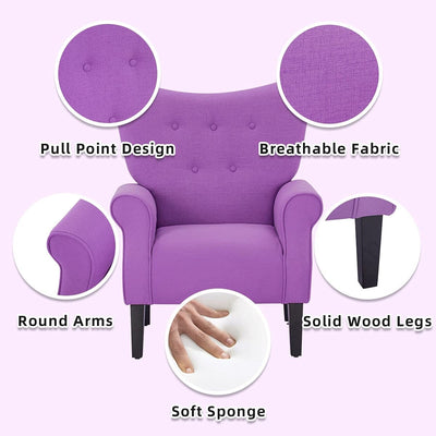 Erommy Modern Accent Chair, High Back Armchair, Upholstered Fabric Button Single Sofa with Wooden Legs for Living Room