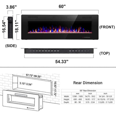 Electric Fireplace Heater Recessed Wall-mounted w/ RC (750-1500W)