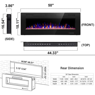 Electric Fireplace Heater Recessed Wall-mounted w/ RC (750-1500W)