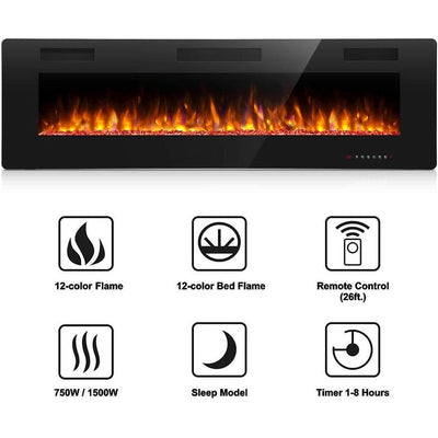 Modern Recessed Wall-mounted Multicolor LED Electric Fireplace, Ultra-thin and Low Noise