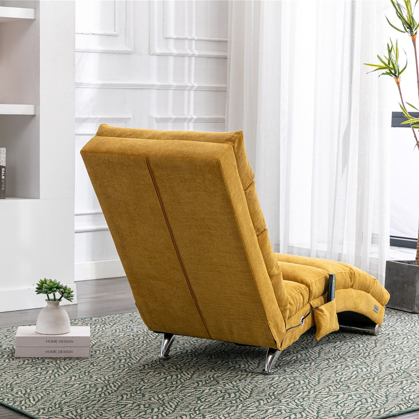 Ergonomic Linen Massage Chaise Lounge Chair Reclining Tufted Upholstered Sleeper with Remote and 5 Vibration Modes