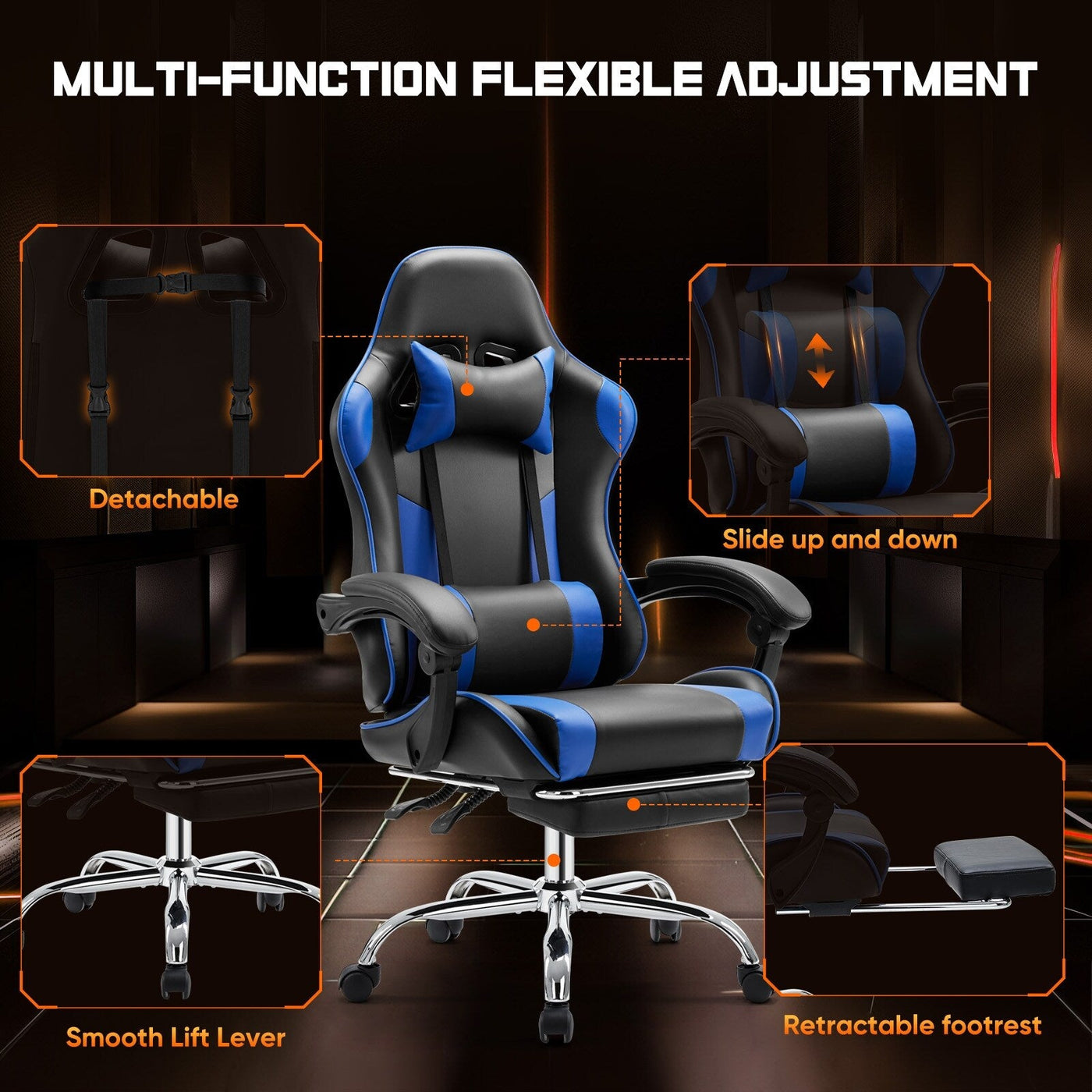 Ergonomic PU Leather 360¡ã Swivel Gaming Recliner with Footrest, Headrest, Lumbar Support, Adjustable Height
