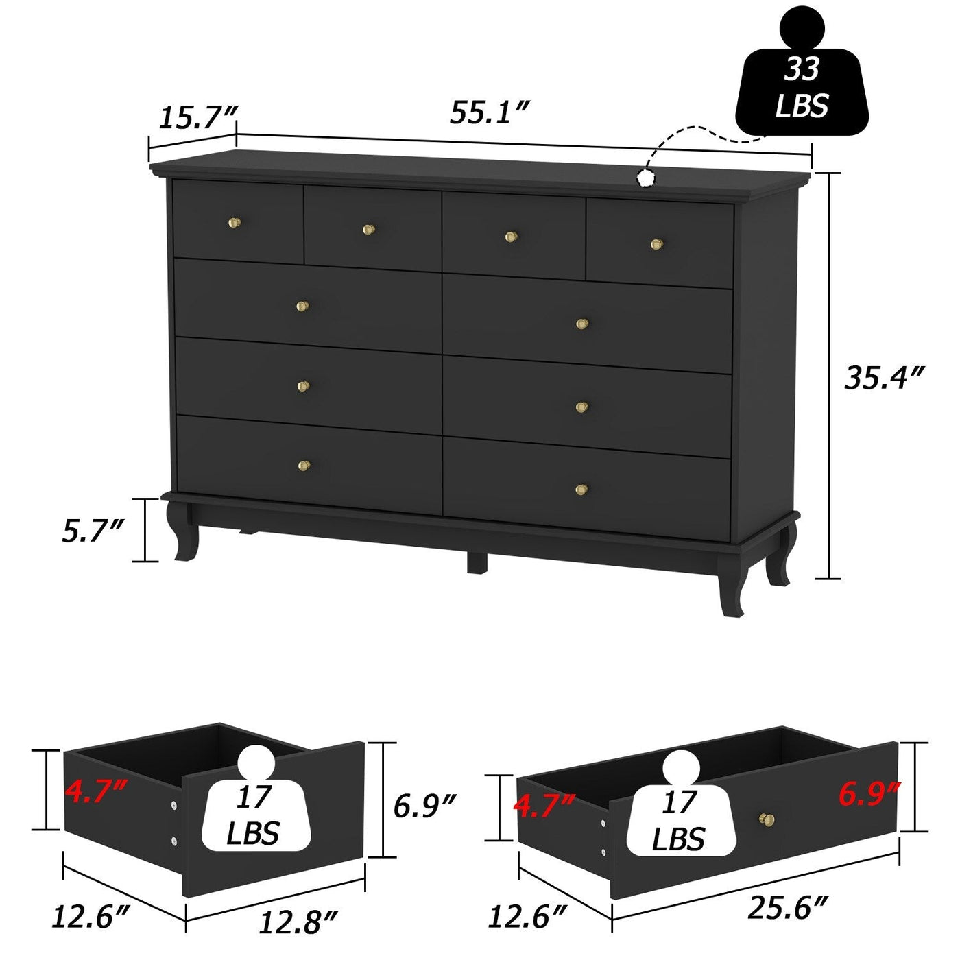 10 Drawer Double Dresser for Bedroom White Dresser Wide Storage