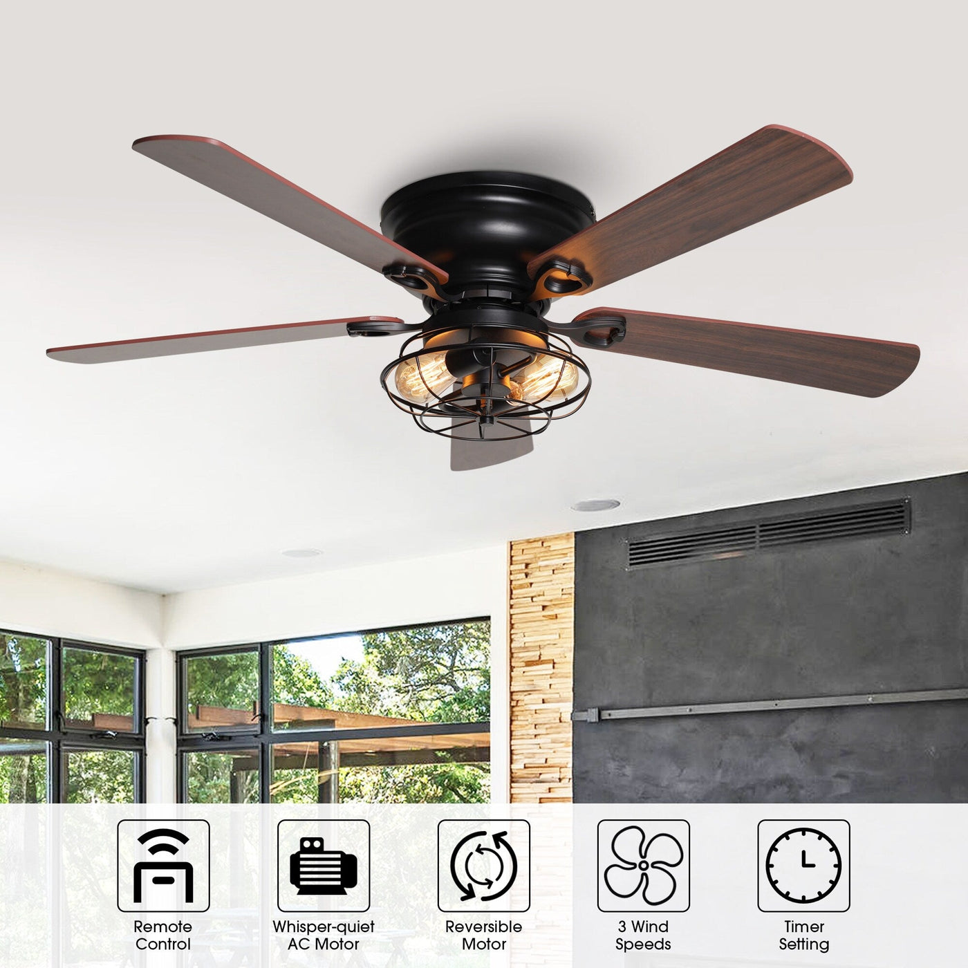 Farmhouse 48-in Wood 5-Blade Low Profile Flush Mount Black Ceiling Fan with Remote and Light Kit