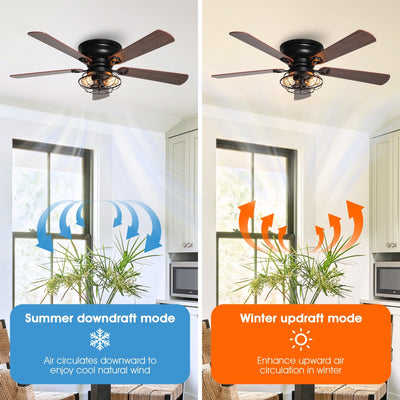 Farmhouse 48-in Wood 5-Blade Low Profile Flush Mount Black Ceiling Fan with Remote and Light Kit