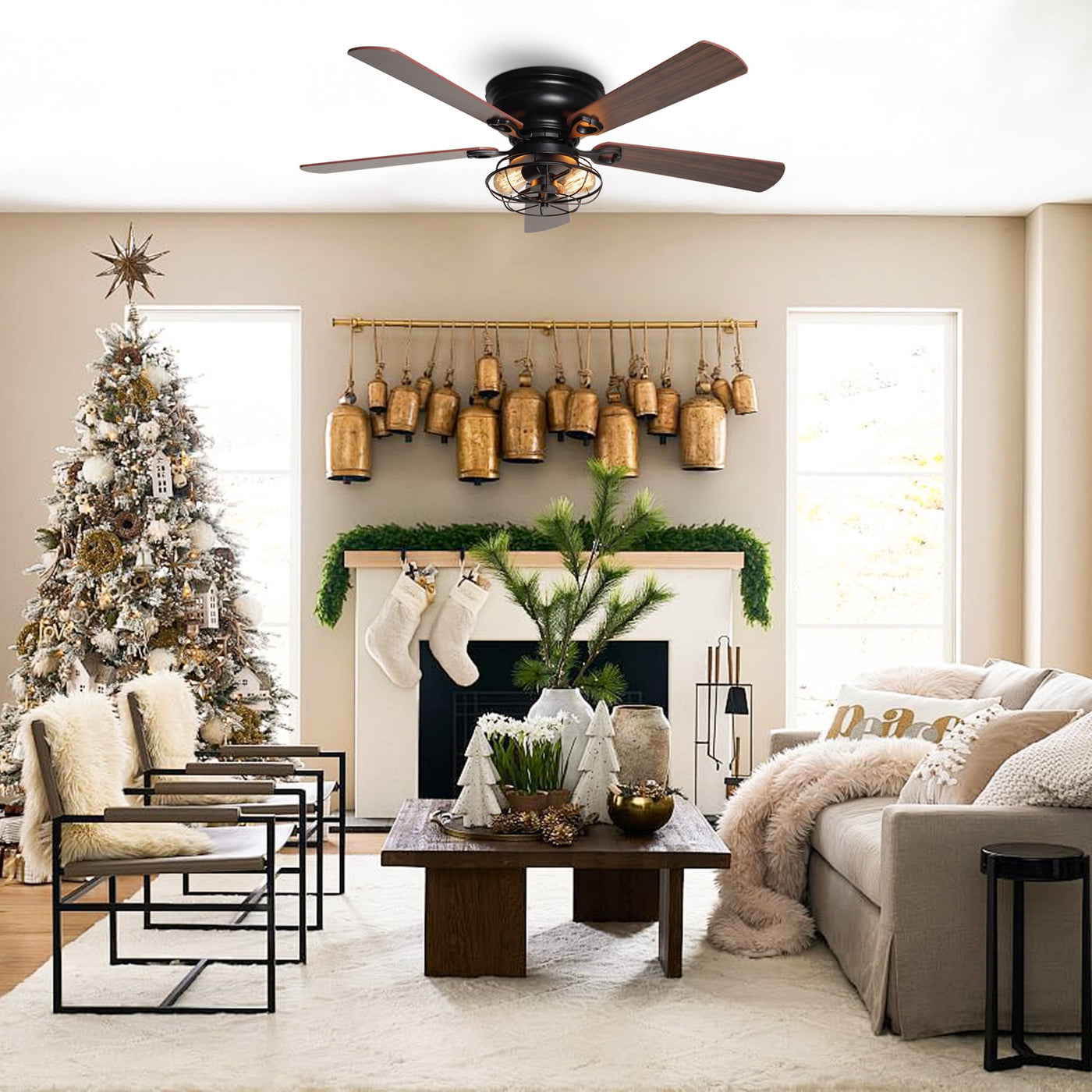 Farmhouse 48-in Wood 5-Blade Low Profile Flush Mount Black Ceiling Fan with Remote and Light Kit