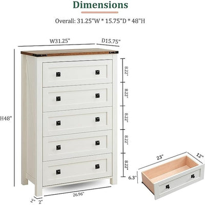 48 Tall Farmhouse 5 Drawer Wood Dresser, Chest of Drawers for Bedroom