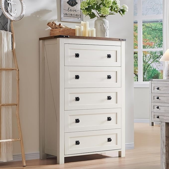 48 Tall Farmhouse 5 Drawer Wood Dresser, Chest of Drawers for Bedroom