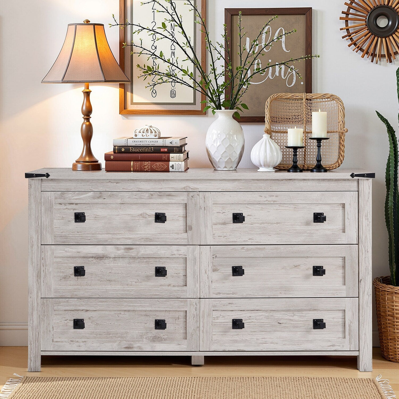 Farmhouse 6 Drawer Dresser, Wood TV Stand, Chest of Drawers