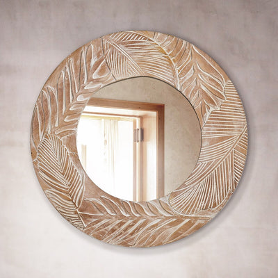 Farmhouse Carved Wood Round Wall Mirror - 28 x 28
