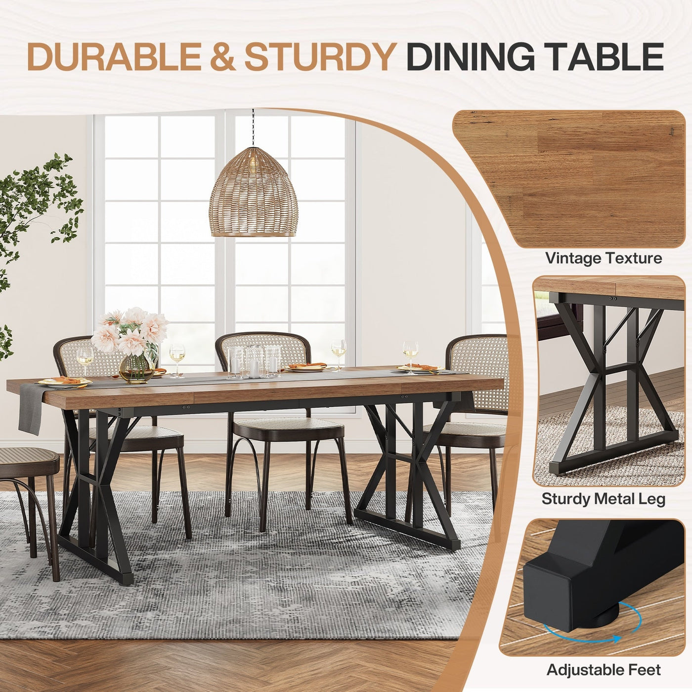 Farmhouse Dining Table for 6 People, 70.8-Inch Rectangular Wood Kitchen Table