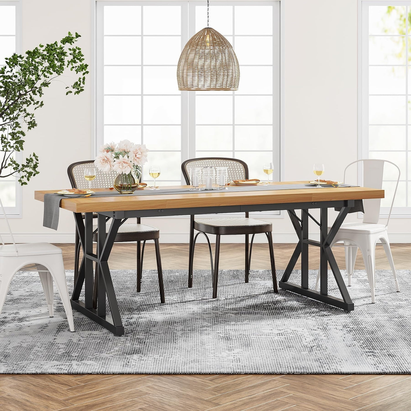 Farmhouse Dining Table for 6 People, 70.8-Inch Rectangular Wood Kitchen Table