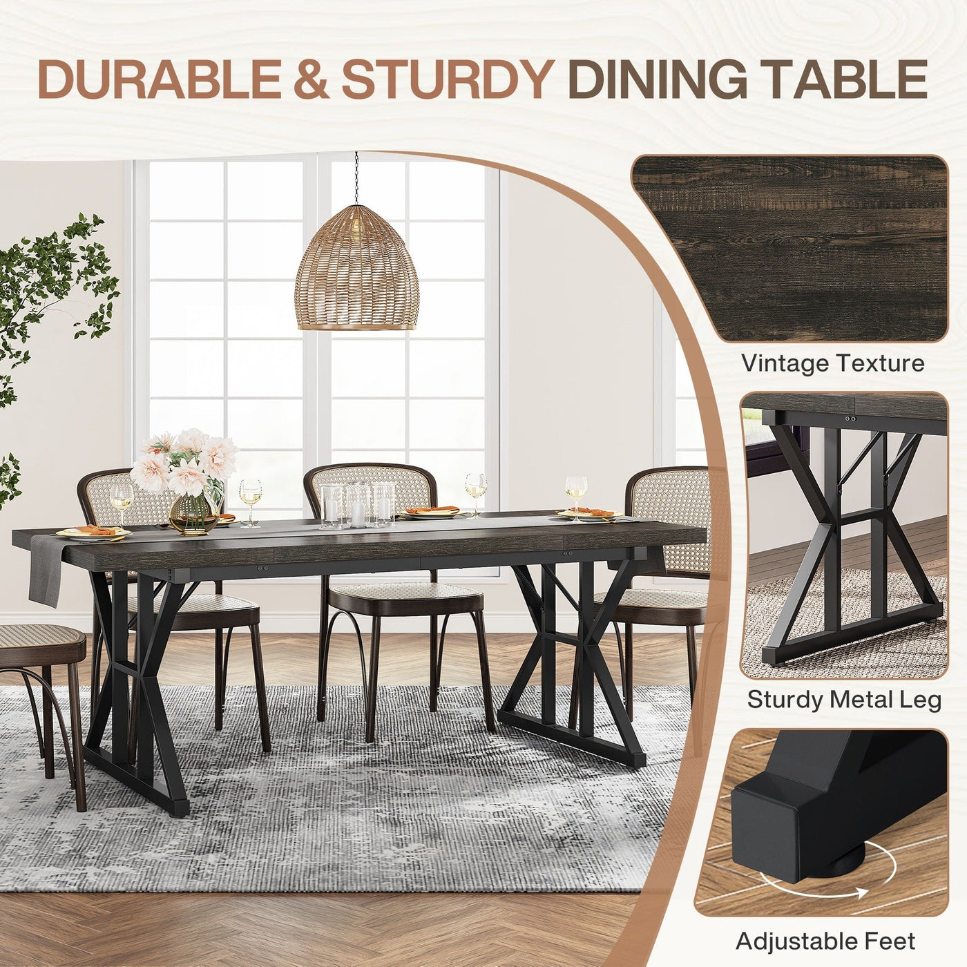 Farmhouse Dining Table for 6 People, 70.8-Inch Rectangular Wood Kitchen Table