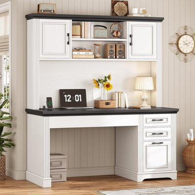 Farmhouse Executive Desk Home Office Desk File Drawer Monitor Stand Power Outlet