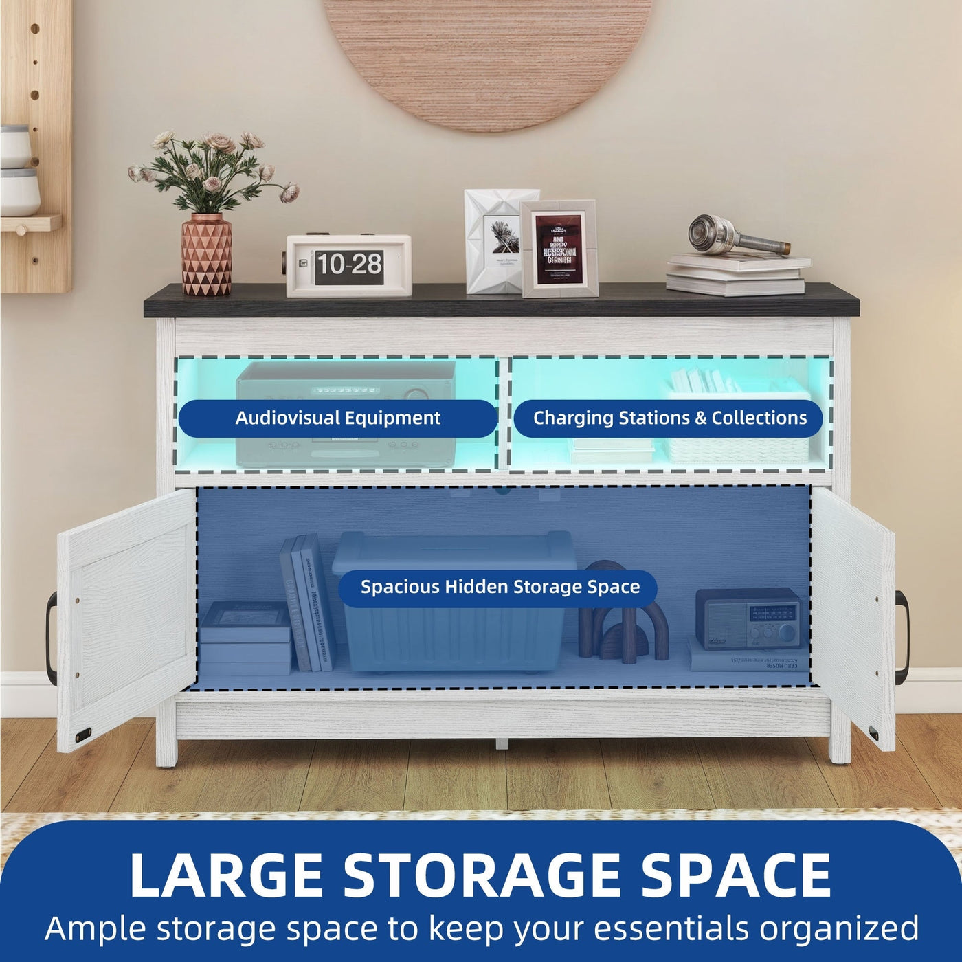 Farmhouse TV Stand for up to 65 TV with Doors and Open Shelves Media Console Power Outlet