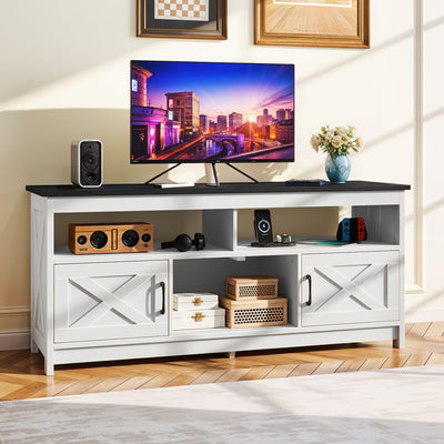 Farmhouse TV Stand for up to 65 TV with Doors and Open Shelves Media Console Power Outlet