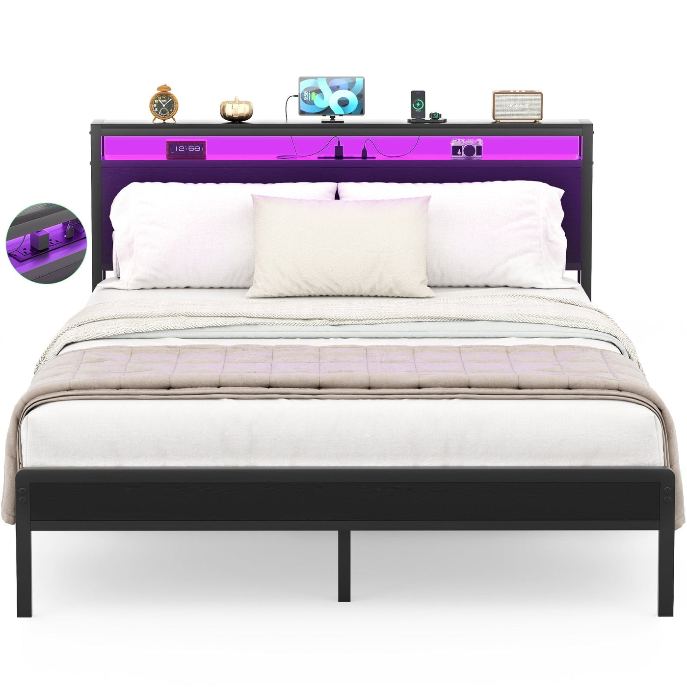 Farmhouse Wood Platform Bed Frame with Charged Station and LED Lights