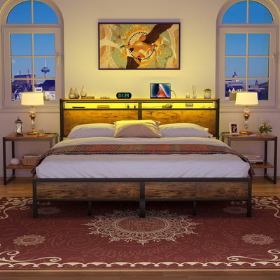 Farmhouse Wood Platform Bed Frame with Charged Station and LED Lights