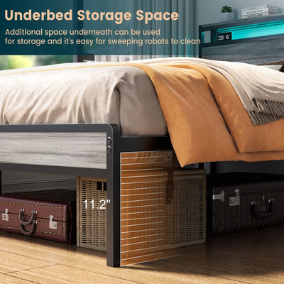 Farmhouse Wood Platform Bed Frame with Charged Station and LED Lights