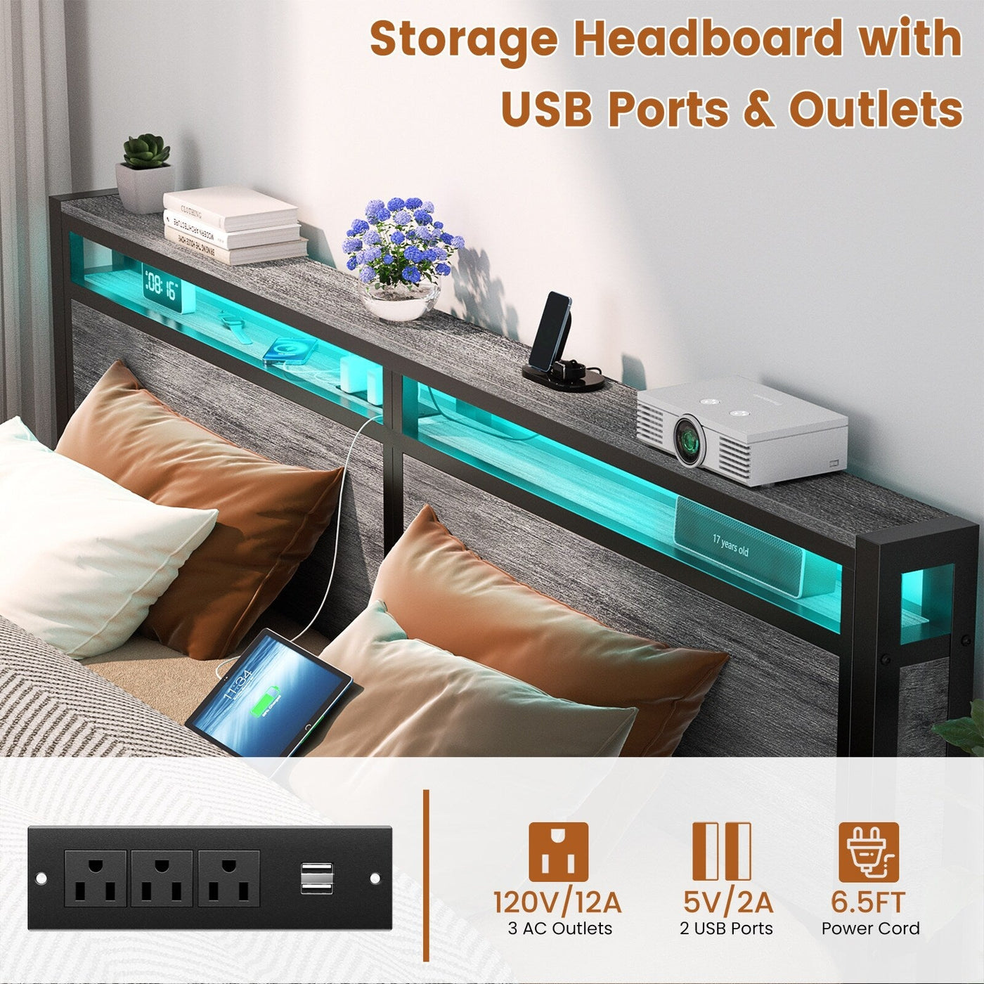 Farmhouse Wood Platform Bed Frame with Charged Station and LED Lights