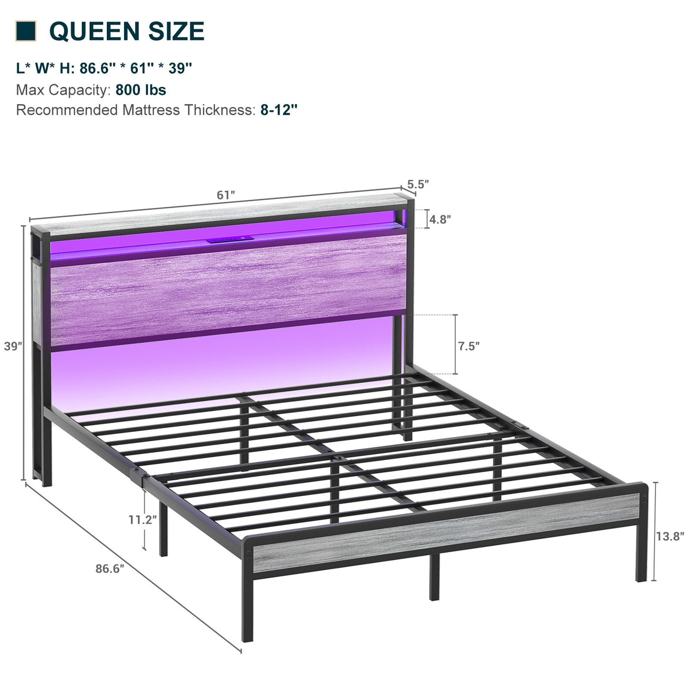 Farmhouse Wood Platform Bed Frame with Charged Station and LED Lights