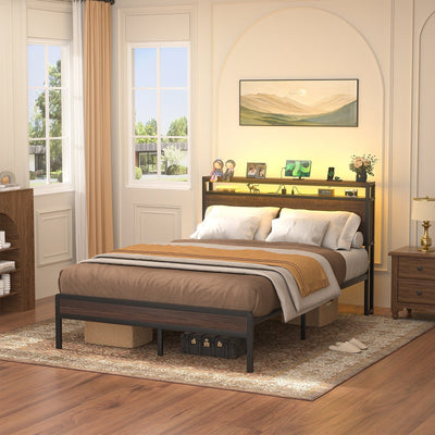 Farmhouse Wood Platform Bed Frame with Charged Station and LED Lights