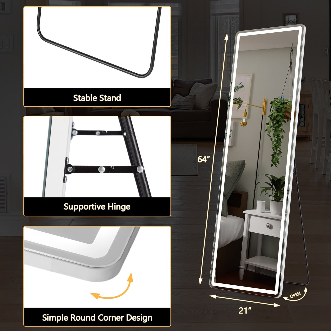 Floor Mirror with LED Light, 64 x 21 Full Length Mirror with Stand, Hanging Mirror Wall Mounted Mirror Full Body Mirror