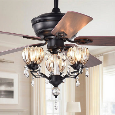 Garlow Matte Black 5-blade Lighted Ceiling Fan with Crystal Flower Cups Chandelier (includes Remote) - 52-inches Diameter