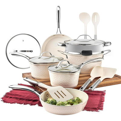 Gotham Steel Hammered Cream 15 Piece Pots and Pans Ultra Ceramic Nonstick Cookware Set with Utensils