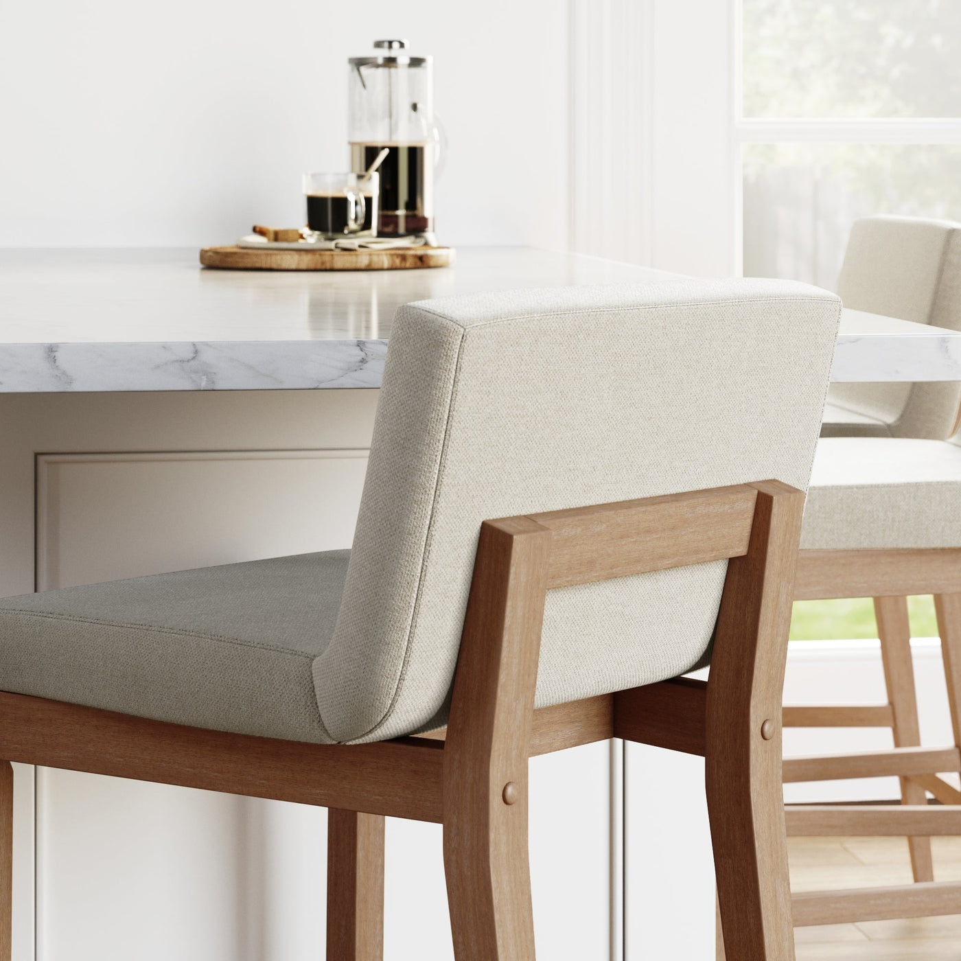 Gracie Modern Bar Stool, Boucle Upholstered Chair and Brushed Wooden Legs