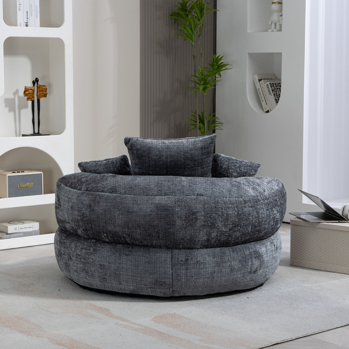 Gray Oversized 42.52 Chenille Lazy Bean Bag Single Sofa with Three Pillows for Bedroom
