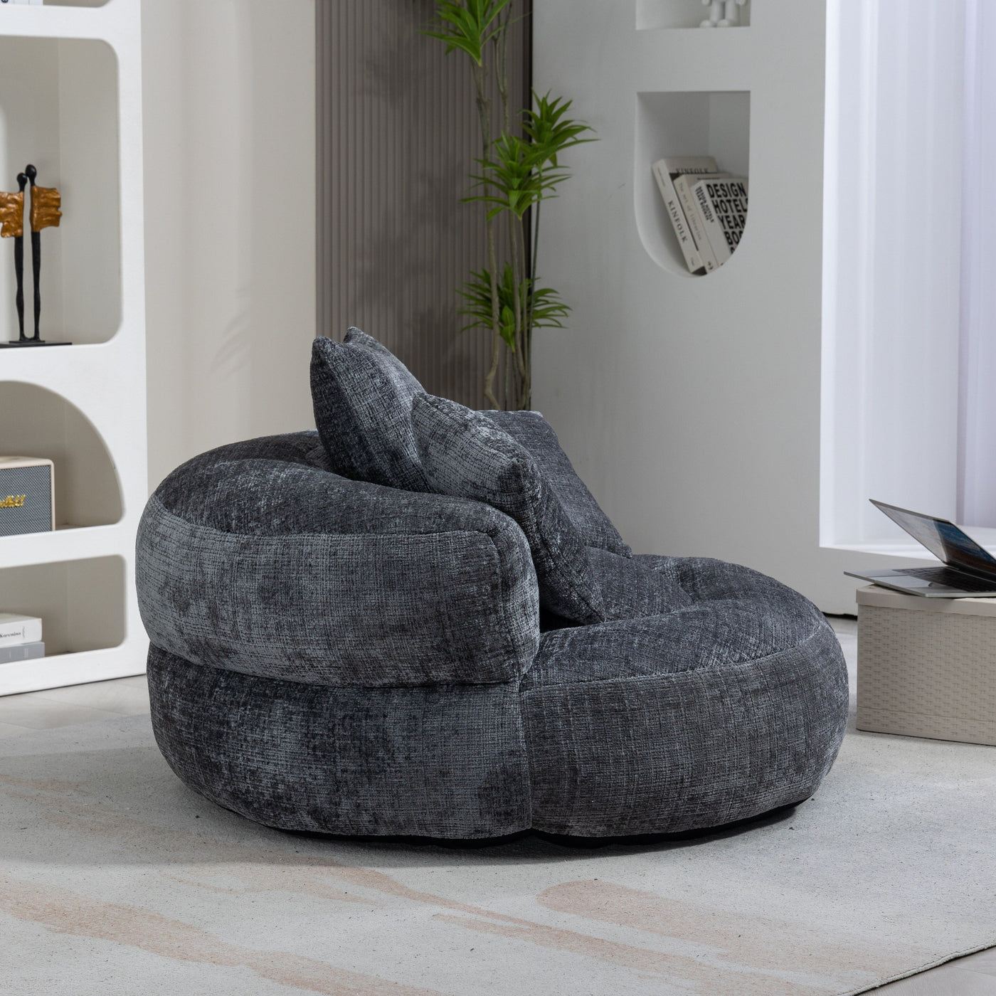 Gray Oversized 42.52 Chenille Lazy Bean Bag Single Sofa with Three Pillows for Bedroom
