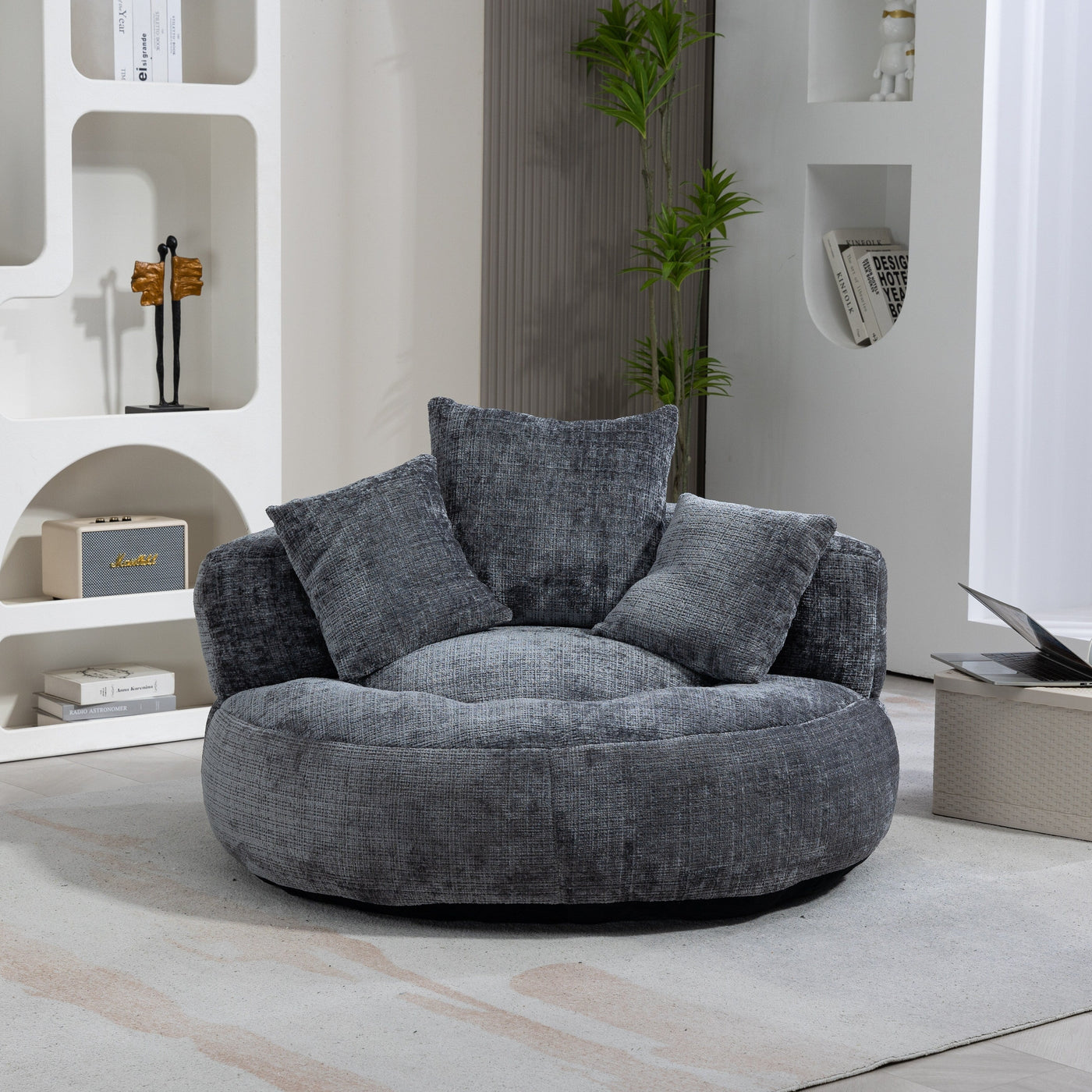 Gray Oversized 42.52 Chenille Lazy Bean Bag Single Sofa with Three Pillows for Bedroom