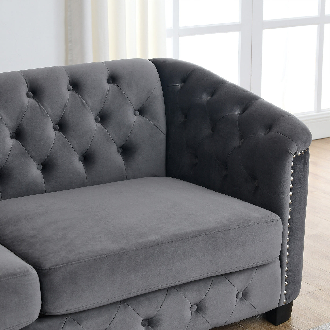 Grey 59'' Modern Velvet 2-Seater Sofa with Tufted Backrest and Nailhead Arms