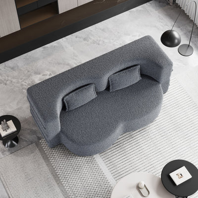 Grey 78 Convertible Teddy Fabric Loveseat Foam-Filled Floor Sofa Bed with 2 Pillows and Folding Mattress for Living Room