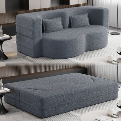 Grey 78 Convertible Teddy Fabric Loveseat Foam-Filled Floor Sofa Bed with 2 Pillows and Folding Mattress for Living Room